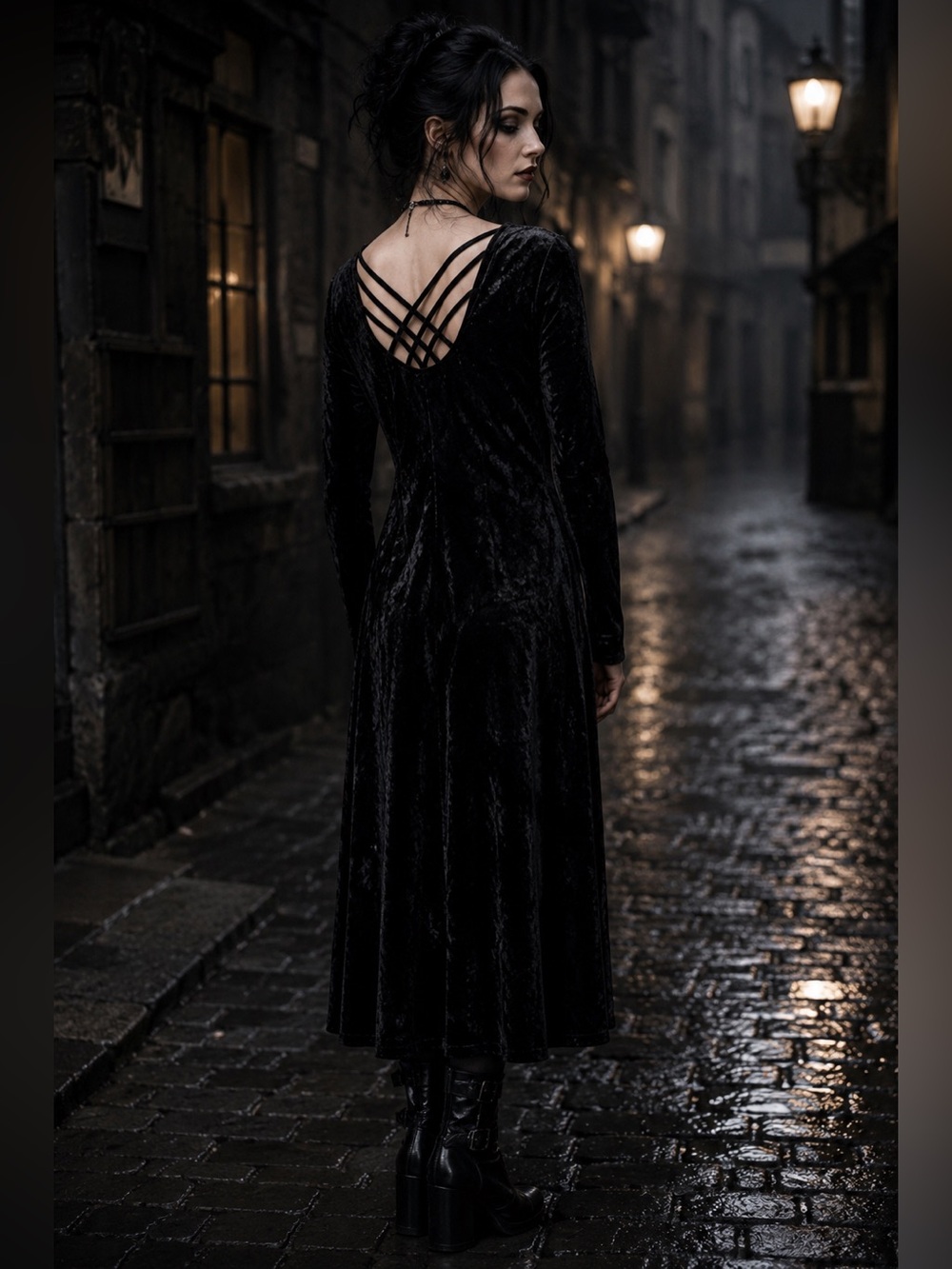 Elegant Black Velvet Dress Goth Witch Practical Magic Halloween CrissCross Back